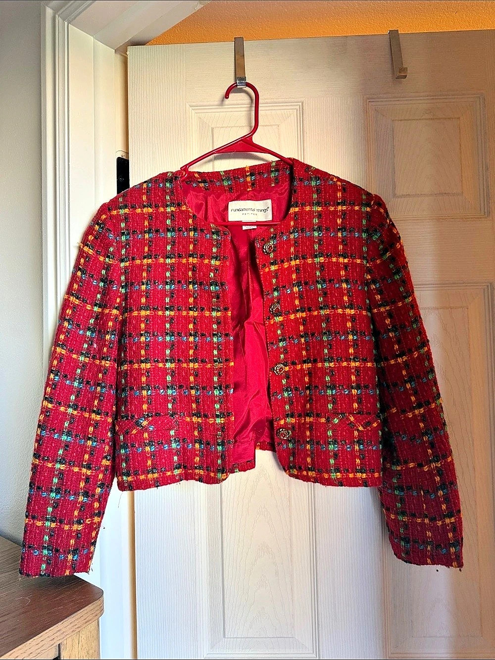Fundamental Things Plaid Cropped Tweed Jacket in Red Size 4